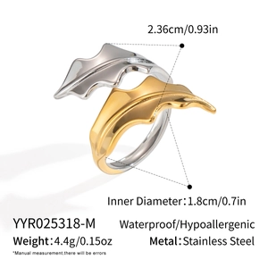 Detail of two-tone seaweed leaf open ring in gold and silver stainless steel