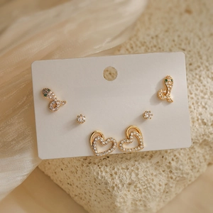 Detailed set of 18K gold-plated snake, heart, and round zircon stud earrings