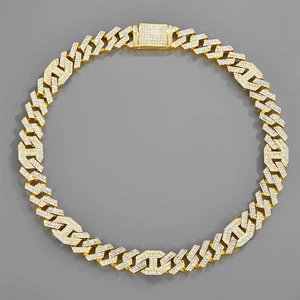 Gold-plated Cuban link chain with H-shape links and pave micro-inlaid sparkling white diamonds
