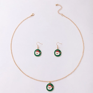 Detail of Santa Claus enamel jewelry set featuring necklace and earrings on white