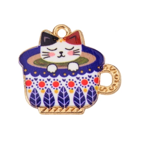 Cartoon calico cat in blue teacup enamel pendant charm for DIY jewelry making