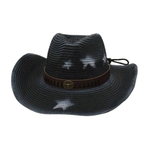 Cappello da cowboy vintage in paglia nera con stelle e logo metallico testa di toro