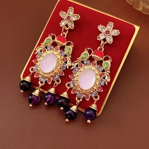 Vintage Palace Style Dangle Earrings With Silver Earring Post Multi Color Rhinestones Flower Alloy Jewelry For Women