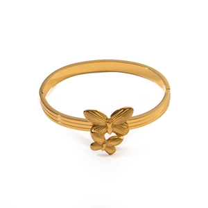 Elegant 18K gold plated stainless steel bracelet with double butterfly design on white background