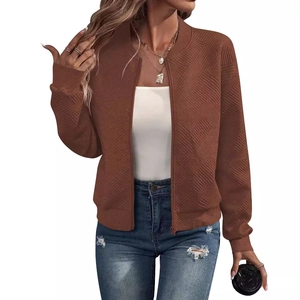 Women's brown zip-up jacket with diamond quilted texture and stylish stand collar