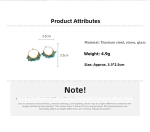 Detailed view showing bohemian blue gravel stone hoop earrings with size and weight specs