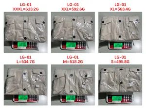 Size chart showing model LG-01 corduroy jacket weights from size S to XXXL on a scale