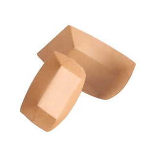 Disposable brown kraft paper food trays for snacks and fast food on white background