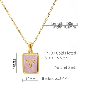 Detail showing 18K gold plated Aries necklace with natural pink shell pendant dimensions