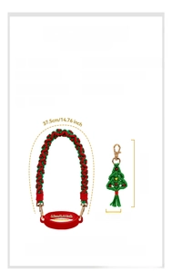 Detail view of woven cup strap and silicone base with Christmas tree pendant size specs