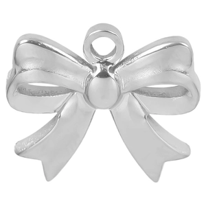 Detail view of silver bow-shaped stainless steel pendant for DIY jewelry making