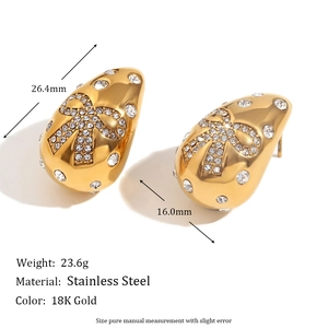 18K gold plated stainless steel teardrop earrings with pavé diamond butterfly design