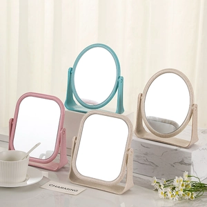 Dual-sided desktop makeup mirrors in round and square shapes with wheat straw frames