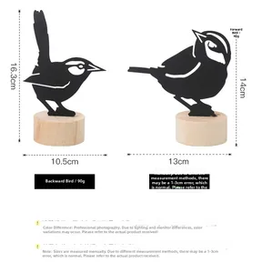 Detailed dimensions of black iron bird silhouettes on wooden base table ornaments