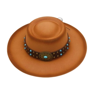 Detailed view of dark brown wool felt cowboy hat featuring turquoise rivets and floral buckle