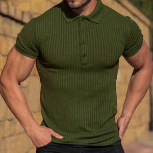 Men's slim fit olive green ribbed knit polo shirt featuring a three-button lapel collar