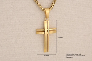 Detailed view of hollow 3D gold stainless steel cross pendant with 32.2x20.3mm dimensions