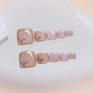Pink cat eye butterfly toenail press-on set with 24 soft glittery artificial nails