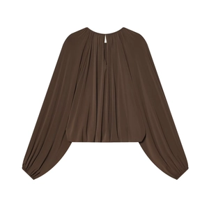 Round Neck Lantern Sleeve Pleated Blouse Polyester Solid Color Loose Casual Tops For Women