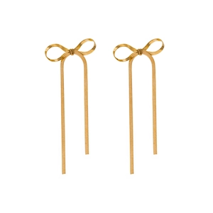 Close-up of gold bow earrings featuring elegant snake chain tassels on a white background