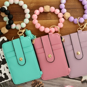 Litchi texture card holder keychain with silicone beads wristlet and tassel details