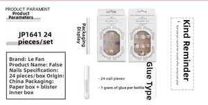 Detail view of pink and blue French style press-on nails set with 24 pieces and glue