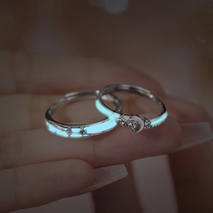 Luminous 925 silver couple rings with moon and star design for a romantic look