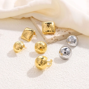 Hammered texture 18K gold and silver geometric stud earrings and open rings for women