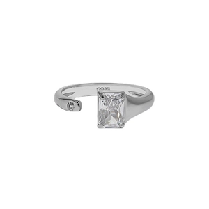 Minimalist S925 sterling silver open ring featuring an emerald-cut clear zircon stone