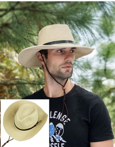 Détail du chapeau de paille homme à large bord avec ruban cuir et cordon réglable