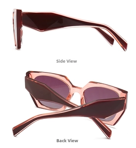 Detail view of bold burgundy and translucent pink frame sunglasses from side and back