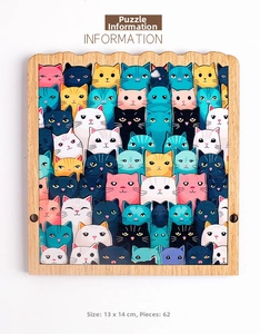 Detail view of colorful cat puzzle with 62 wooden pieces measuring 13x14 cm