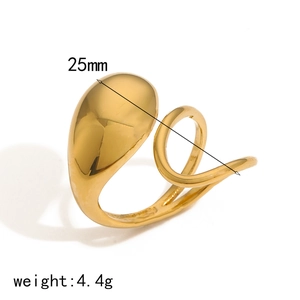 Detailed side view of golden teardrop ring with organic curves and 25mm dimensions