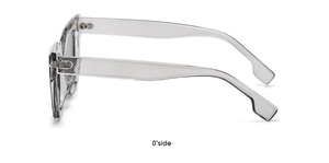 Side view of trendy small frame cat-eye sunglasses with transparent grey lenses