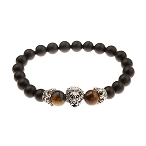 Matte black stone bead bracelet with silver lion head and brown tiger eye accents
