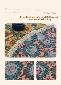 Close-up of thick jacquard tablecloth showing sunflower pattern and beige tassels