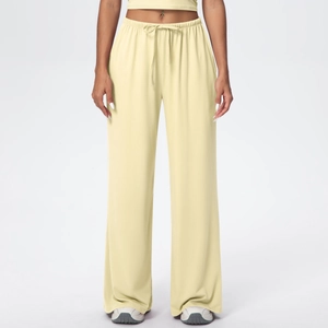 Detail of cream drawstring waistband on loose wide-leg brushed casual pants for women