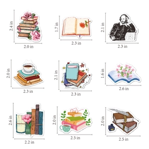 Detailed dimensions of 9 pieces reading book stickers with watercolor design and sizes