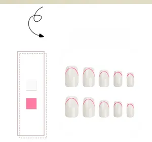 Detailed view of short square press-on nails with white base and pink arc line design