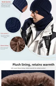 Close-up of winter knit beanie set featuring warm fleece lining and wave texture details