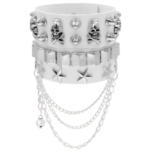 Macro shot of punk white PU leather cuff with silver skull studs, spikes and hanging chains