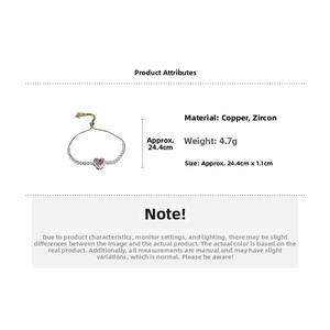 Detail of adjustable gold-plated bracelet with pink heart cubic zirconia and dimensions