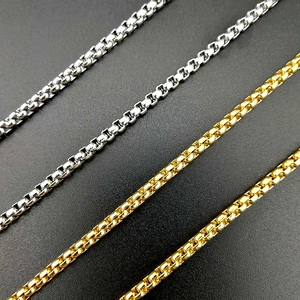 Detail of stainless steel hip hop box chains in silver, gold, and rose gold finishes