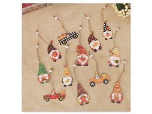 Flat lay of 12 harvest gnome and truck wooden pendants with hemp ropes and white beads