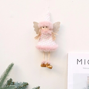 Pink plush angel doll Christmas tree ornament with golden wings and plaid dress