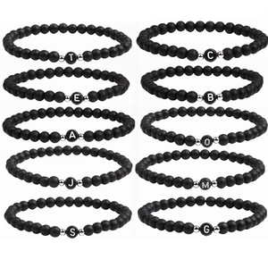 Initial Alphabet Beaded Bracelet Matte Black Stone Letter A-Z Silver Metal Spacers Elastic Stretch Jewelry For Men Women