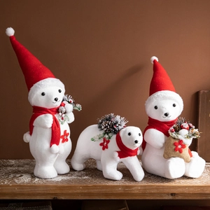 Christmas White Polar Bear Snowman Ornaments Foam Plush Figurine With Red Hat Scarf For Holiday Desktop Home Decor