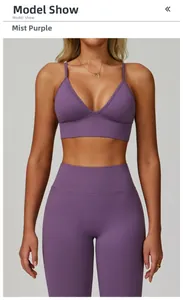Detail view of misty purple seamless yoga set with double straps and high waist leggings