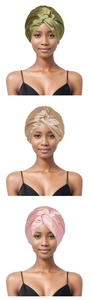 Detail showing high-gloss olive green satin headwrap with twisted knot design