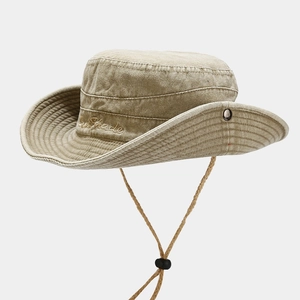 Khaki washed cotton outdoor sun hat with adjustable chin strap and side embroidery